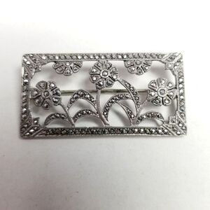 Vintage Sterling Silver Flower Garden Marcasite Encrusted Rectangle Brooch